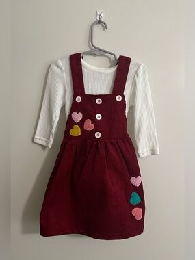 Girls Burgundy Corduroy Heart Dress with White Top